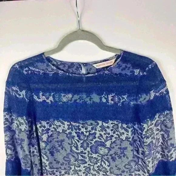 Rebecca Taylor Blue 100% Silk Lace Trim 3/4 Relaxed Fit Shift Dress Sz.2 Goth - Picture 4 of 9